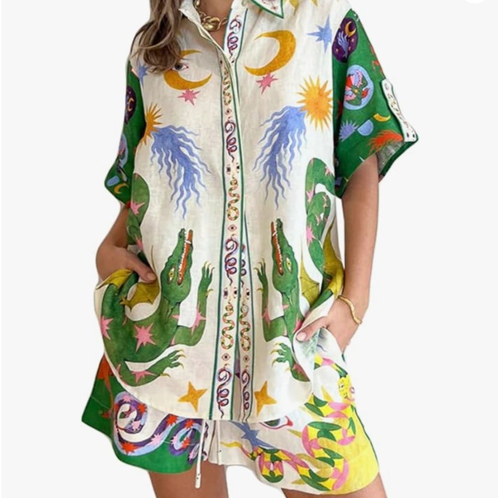 2 Pieces Seeker Printed Button Down and Shorts - Small